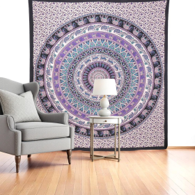 92" X 84" Purple Black And White Mandala Cotton Hanging Tapestry