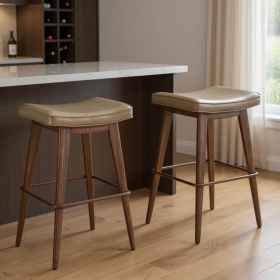 Taupe Walnut Faux Leather Steel Backless Bar Height Bar Chairs