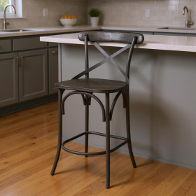 Wood Iron Counter Height Bar Chair (Color: Black, size: 26")