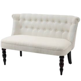 Scandinavian 2 Seater Button Tufted Loveseat Wooden Legs Cream White Linen (Color: Cream White)