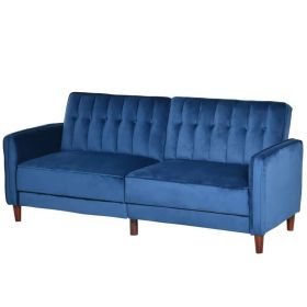 Mid-Century Modern Futon Sleeper Sofa Bed in Blue Velvet Upholstery (Color: Blue)