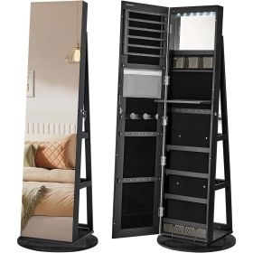 Black Wood Jewelry Cabinet Armoire Organizer Freestanding Rotating Mirror (Color: Black)