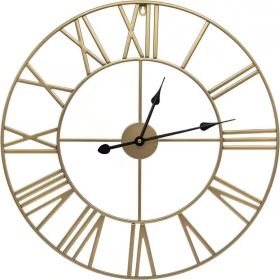 Round 24-inch Decorative Metal Wall Clock Roman Numerals (Color: Gold)