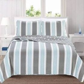 King 3 Piece Coastal Starfish Sand Dollar Grey Blue White Nautical Quilt Set (size: King)