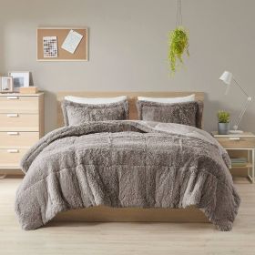 King/CAL King Grey Soft Sherpa Faux Fur 3-Piece Comforter Set with Pillow Shams (size: King)