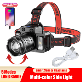 LED Tactical Headlamp Head Torch USB Rechargeable Motion Sensor Headlight Zoomable 5 Modes Emergency Power Bank For Mobile Phone (Option: Black)